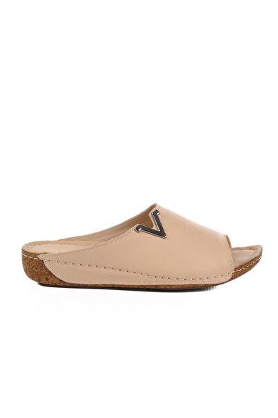 Aspor Beige Genuine Leather Women's Flat Slippers