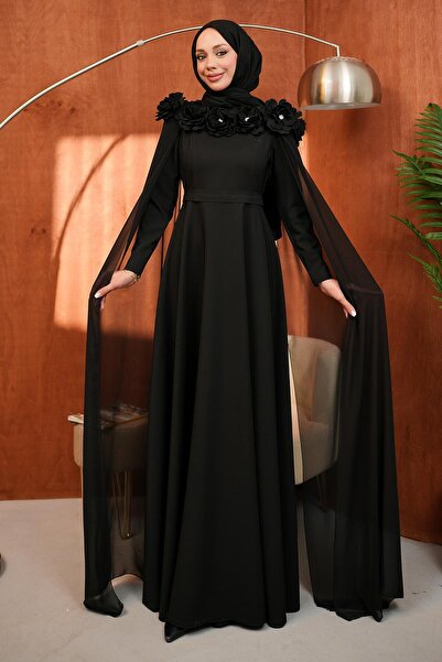 İmajButik Μαύρο βραδινό φόρεμα με λουλουδάτο γιακά και κάπα