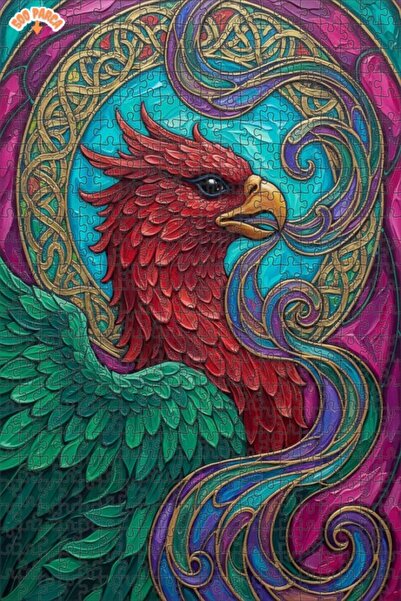 Esranın Dünyası Red Phoenix Oil Painting Look Double Layer Framed Wooden Puzz...