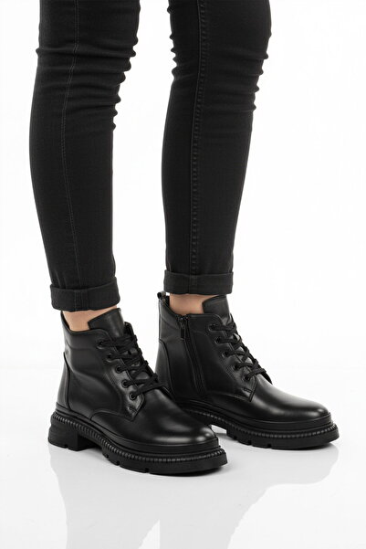 Voyager Black Genuine Leather Women's Heeled Boots with Fleece Inside