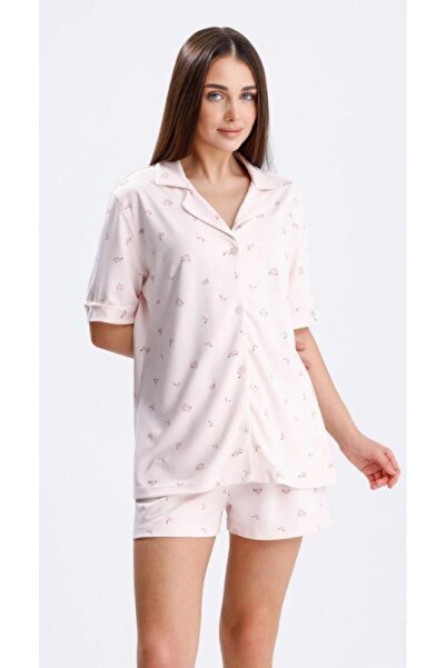 Espuar Комплект пижама за жени с къси ръкави, с цветен принт, с якичка и шорти
