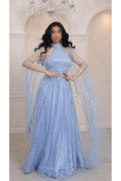 domiga Luxurious Sky Blue Evening Dress with Embroidery and Royal Sleeves
