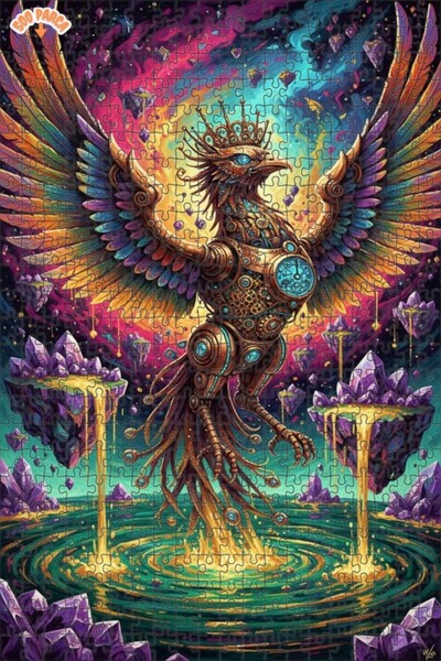 Esranın Dünyası Steampunk Phoenix Oil Painting Look Double Layer Framed Woode...