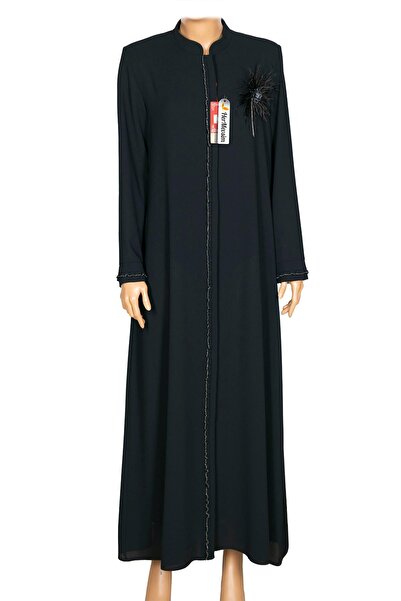 Hermevsim Hesna Women's Tamay Crepe Fabric Zipper Cover Black Ferace with Ruf...