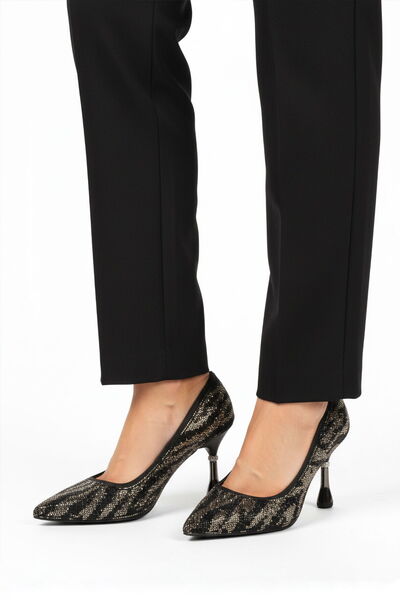 Aspor Black Satin Stone Embroidered Women's Evening Dress Shoes