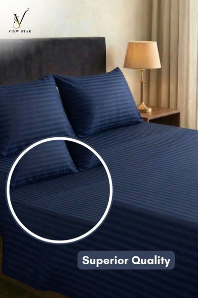 View star 3-Piece Striped Fitted Dark Blue Bed Sheet Set with 2 Pillowcases, Soft Breathable Bedding