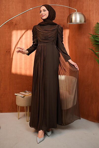 İmajButik Brown Satin Evening Dress with Draped Front