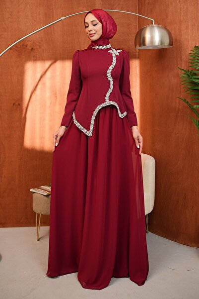 İmajButik Burgundy Skirt Chiffon Double Evening Dress Set