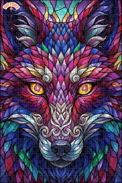 Esranın Dünyası Mysterious Wolf Glass Mosaic Look Wooden Puzzle with Double-L...