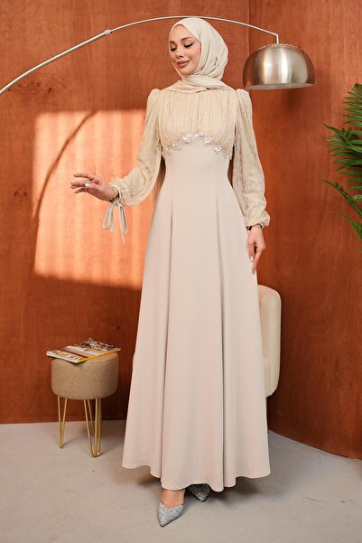 İmajButik Mink Sleeve Evening Dress with Back Tie Detail