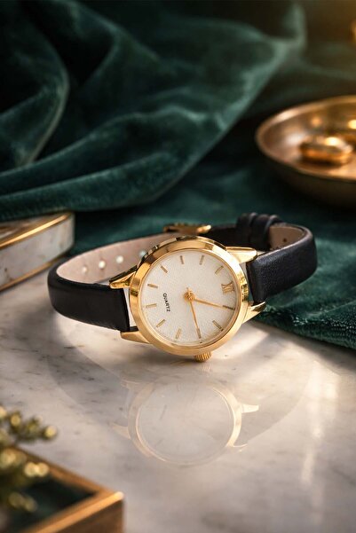 İnogge Uggys Minimal Black Leather Cord Gold Case Round Women's Wristwatch