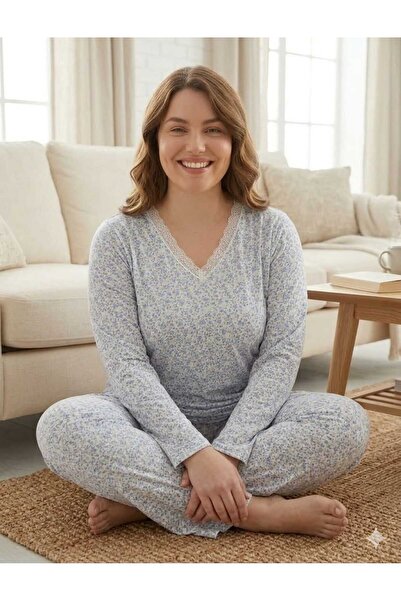 Asel Set de pijamale din bumbac și lycra, cu mâneci lungi, mărime mare