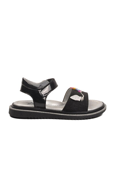 Aspor Black Glitter Velcro Girls' Flat Sandals