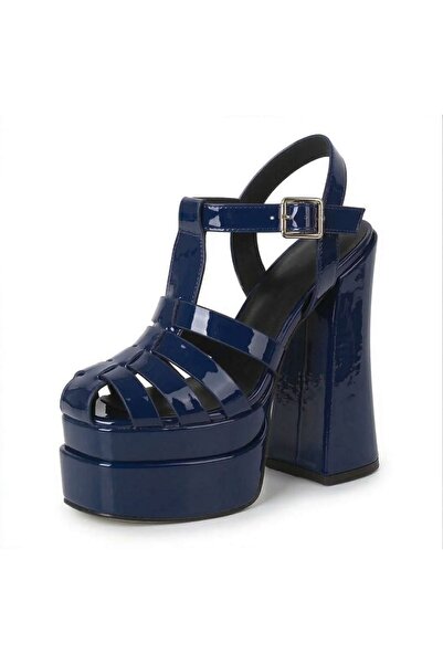 Tarz Topuklar Camila Navy Blue Patent Leather Double Platform Design Women's ...