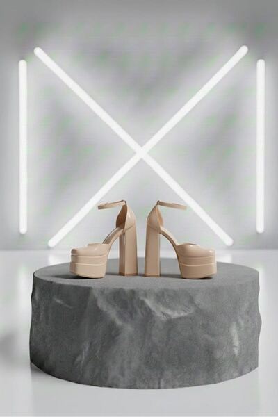 Tarz Topuklar Figooo Nude Patent Leather Double Platform Block Heel Pack Wome...