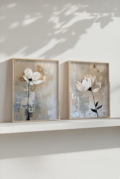 STARYUNA Wooden Framed Abstract White Flower Double Painting Set Yuna642