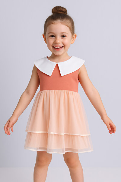 FOR GIRLS Girls' Sleeveless Layered Tulle Dress with White Collar - Pink