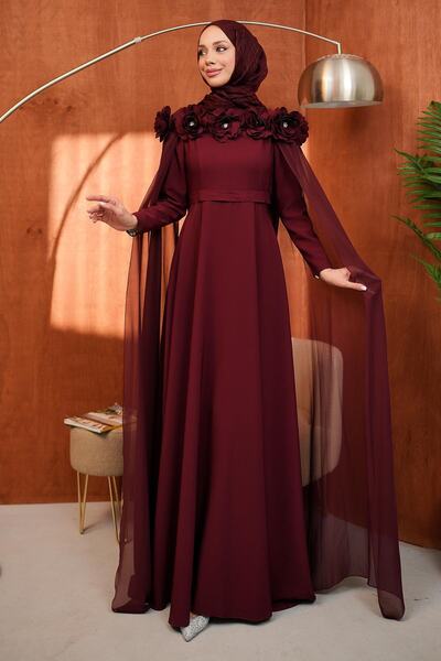 İmajButik Bordo Yaka Çiçekli Pelerinli Abiye