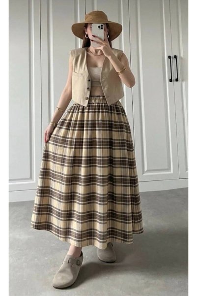 Gülmude Fusta lungă cu talie elastică, cu buzunare, cu model în carouri, din bumbac, de sezon (90CM)
