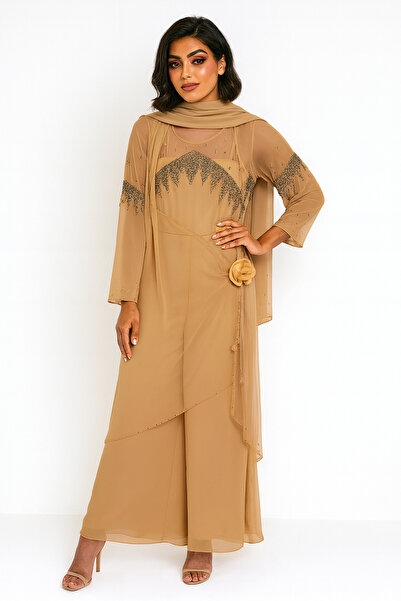 FOR WOMEN Women’s Embroidered Chiffon Evening Dress – Camel