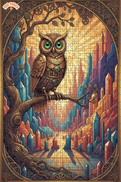 Esranın Dünyası Magical Crystal City Owl Art Double-Layer Framed Wooden Puzzl...