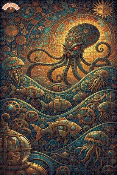 Esranın Dünyası Kraken Sea Creatures Oil Painting Double-Layer Framed Wooden ...