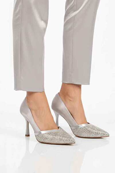 Aspor Silver Satin Stone Embroidered Women's Evening Dress Shoes