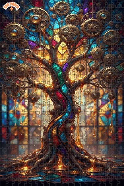 Esranın Dünyası Colorful Gear Tree Oil Painting Lookalike Double-Layer Framed...
