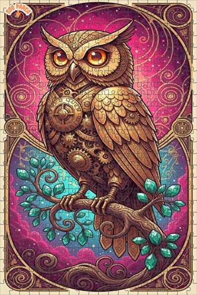 Esranın Dünyası Mechanical Owl Oil Painting Look Double Layer Framed Wooden P...
