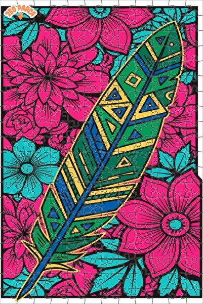 Esranın Dünyası Colorful Feather Patterned Line Art Double-Layer Framed Woode...