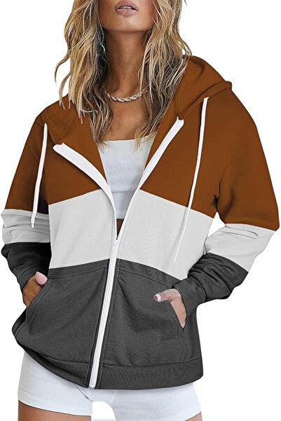 OEM Loose women's hoodie with hood and zipper, brown/grey/dark grey S
