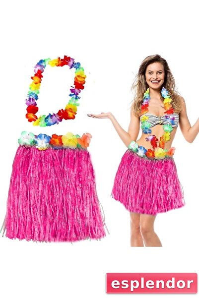 esplendor طقم تنورة وقلادة هاواي باللون الوردي مقاس 40 سم