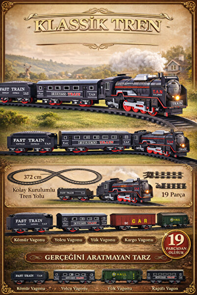 Fidan oyuncak .Klassik Tren Seti - 19 Parça Pilli, Işıklı ve Sesli Buharlı Oy...