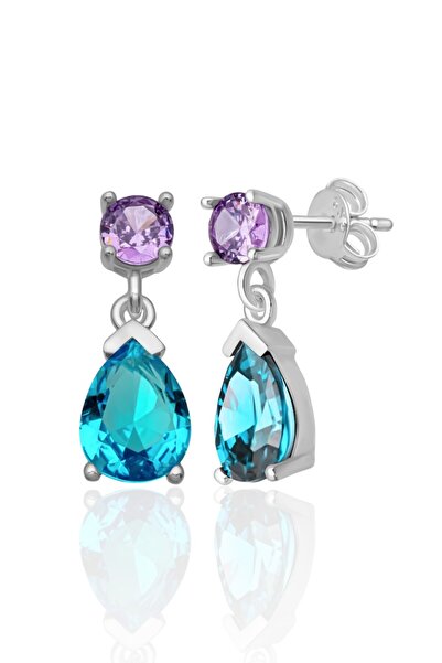 Azuris Silver 926 AYAR GÜMÜŞ 4 MM AMATİST RENGİ 6*8 DAMLA AQUA TAŞLI SAPLAMAL...