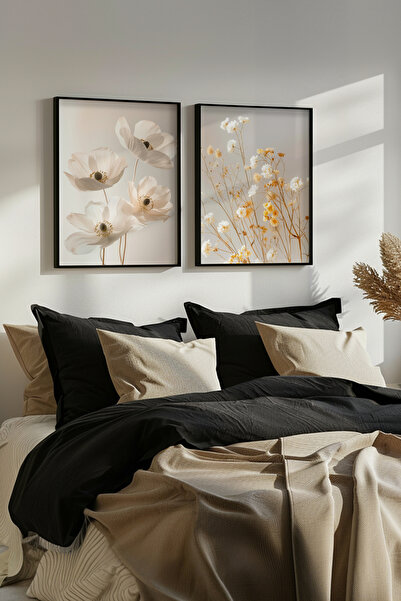 STARYUNA Black Wooden Framed Minimalist Floral Themed Double Painting Set Yun...