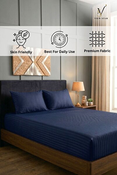 View star 3-Piece Striped Fitted Dark Blue Bed Sheet Set with 2 Pillowcases, Soft Breathable Bedding