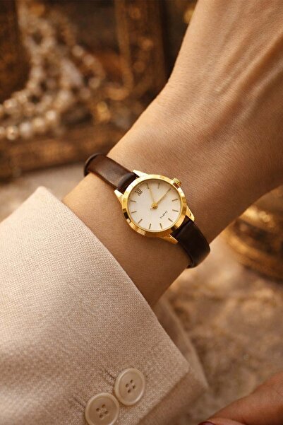 İnogge Uggys Minimal Coffee Leather Corded Gold Case Round Women's Wristwatch