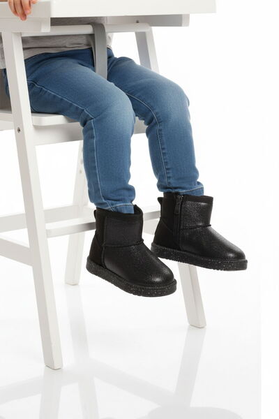 Aspor Black Glittery Fur-Lined Zippered Baby Girl Flat Boots
