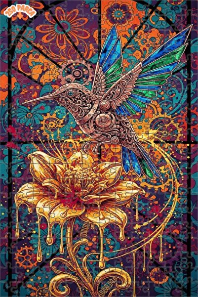 Esranın Dünyası Mechanical Hummingbird and Golden Flower Oil Painting Double-...