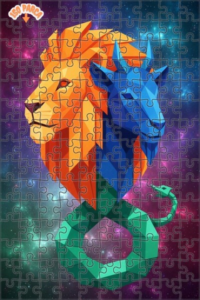 Esranın Dünyası Lion and Capricorn Geometry Art Print Wooden Puzzle Double-La...