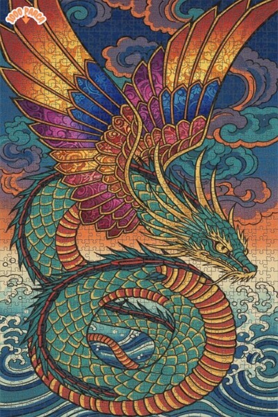 Esranın Dünyası Asian Dragon Watercolor Look Wooden Puzzle with Double-Layer ...