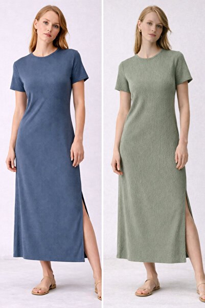 soft&basic Women's 2-Piece Wrinkled Fabric Crew Neck Short Sleeve Slit Dress