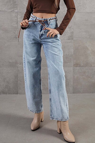 zenne High Waist Wide Leg Denim Denim Trousers Light Blue