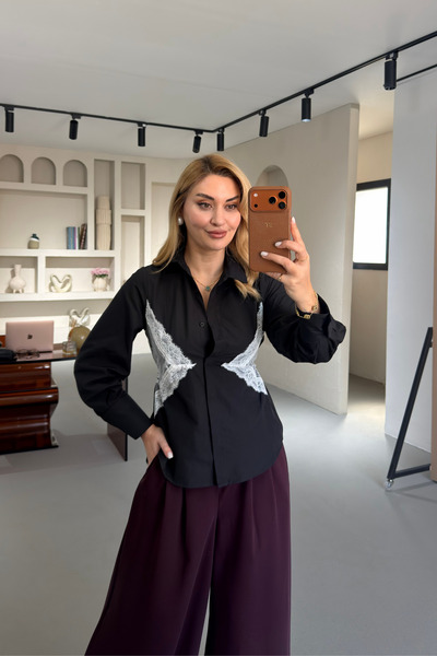 Sezgi Tekin Lace Detail Back Tie-Detail Black Poplin Shirt