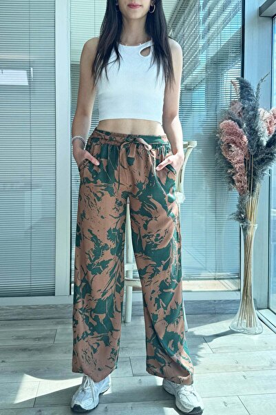 zenne Patterned Elastic Waist Comfortable Fit Wide-Leg Trousers Khaki