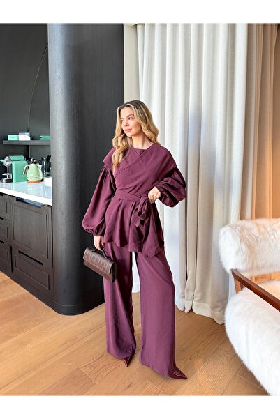 Miraydın Butik Women's Modal Sets with Tie-Detail Pants M41648 - Plum