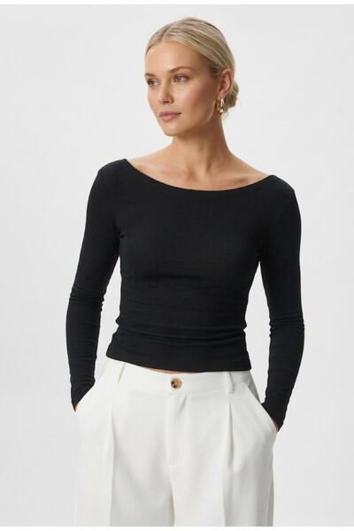 glanour Decolteu barcă Need Top negru moale cu mâneci lungi / Bluză