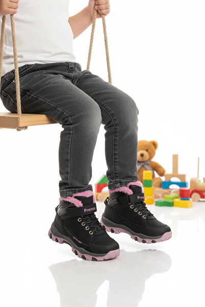 Aspor Black Pink Fur-Trimmed Velcro Girls' Flat Boots