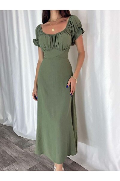 Modafeminen Khaki Belt Piece Elastic Sleeves Madonna Collar Dress 582079