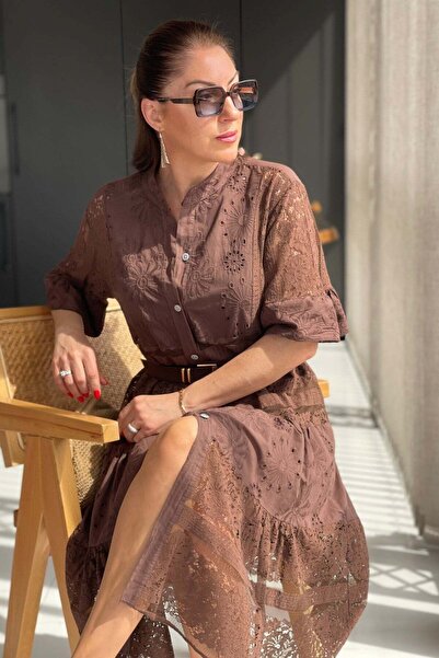 MİSLİNA BUTİK İthal Dantelli Kahve Elbise